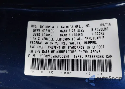 2017 Honda Accord Sport из США, поврежденный, VIN 1HGCR2F52HA065358